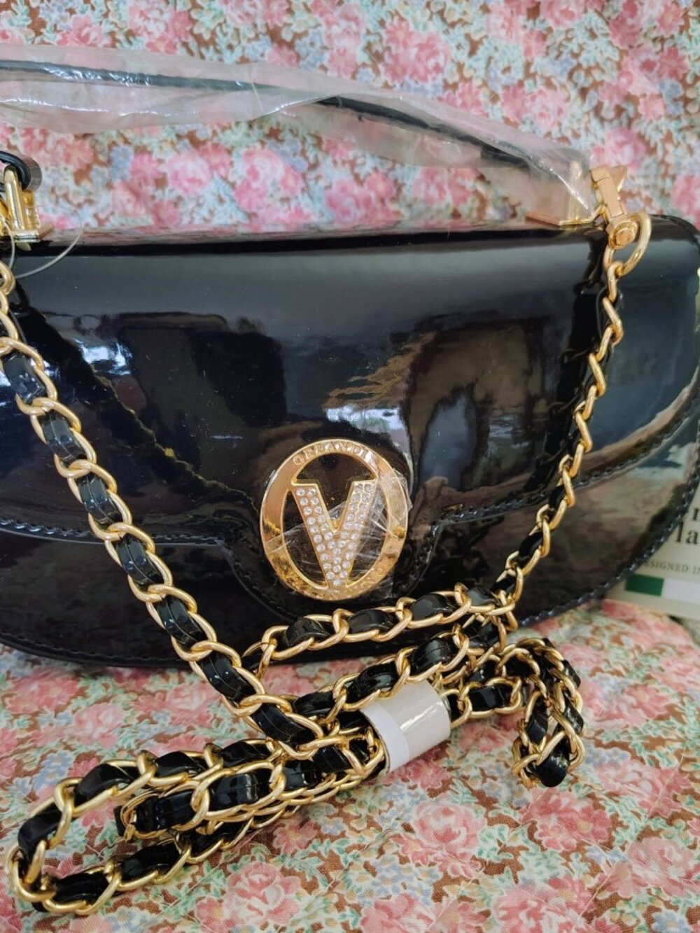 Valentino Orlandi black Formal Vegan Leather Bag With Gold Chain NWT MSRP 210.00